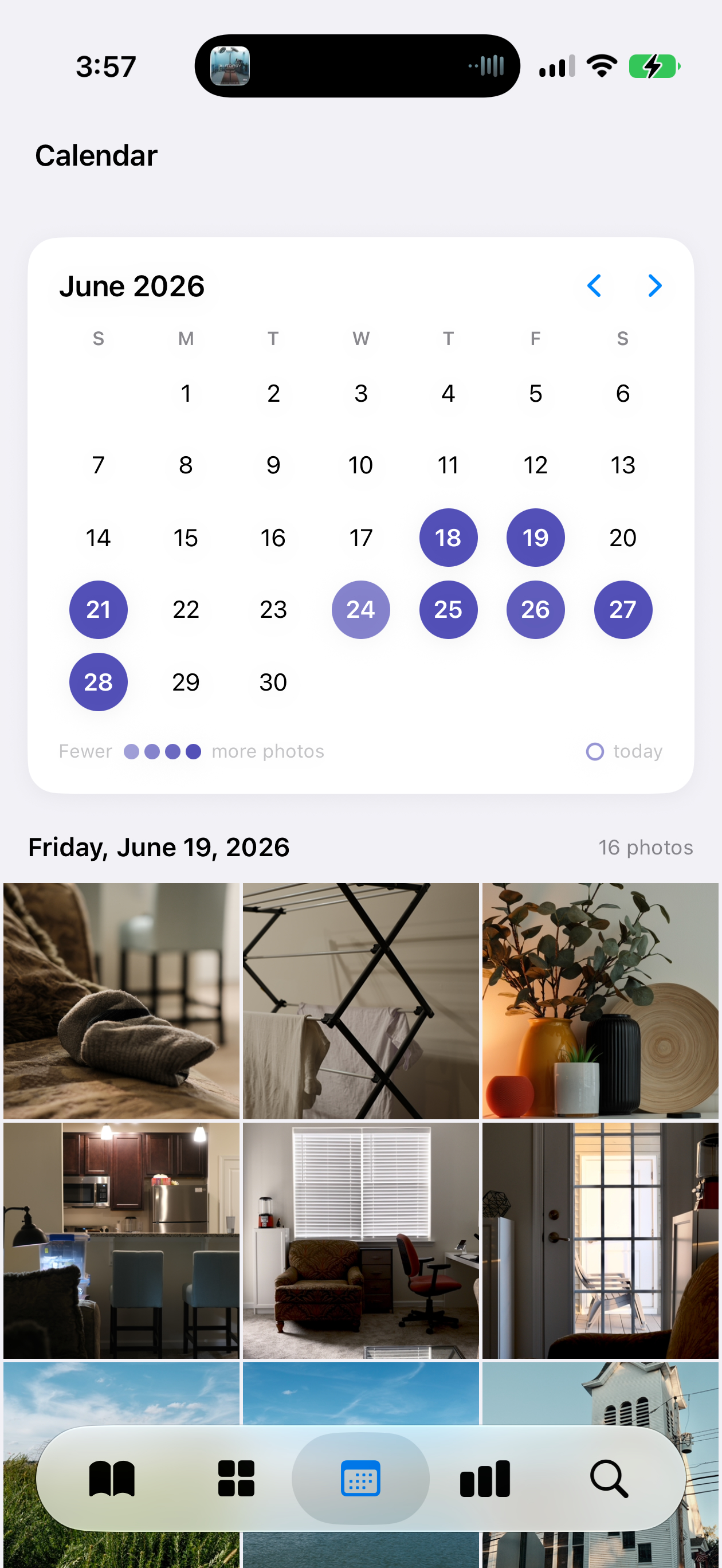 Folio's Calendar tab showing a heat map of days with photos, and a day's photos below