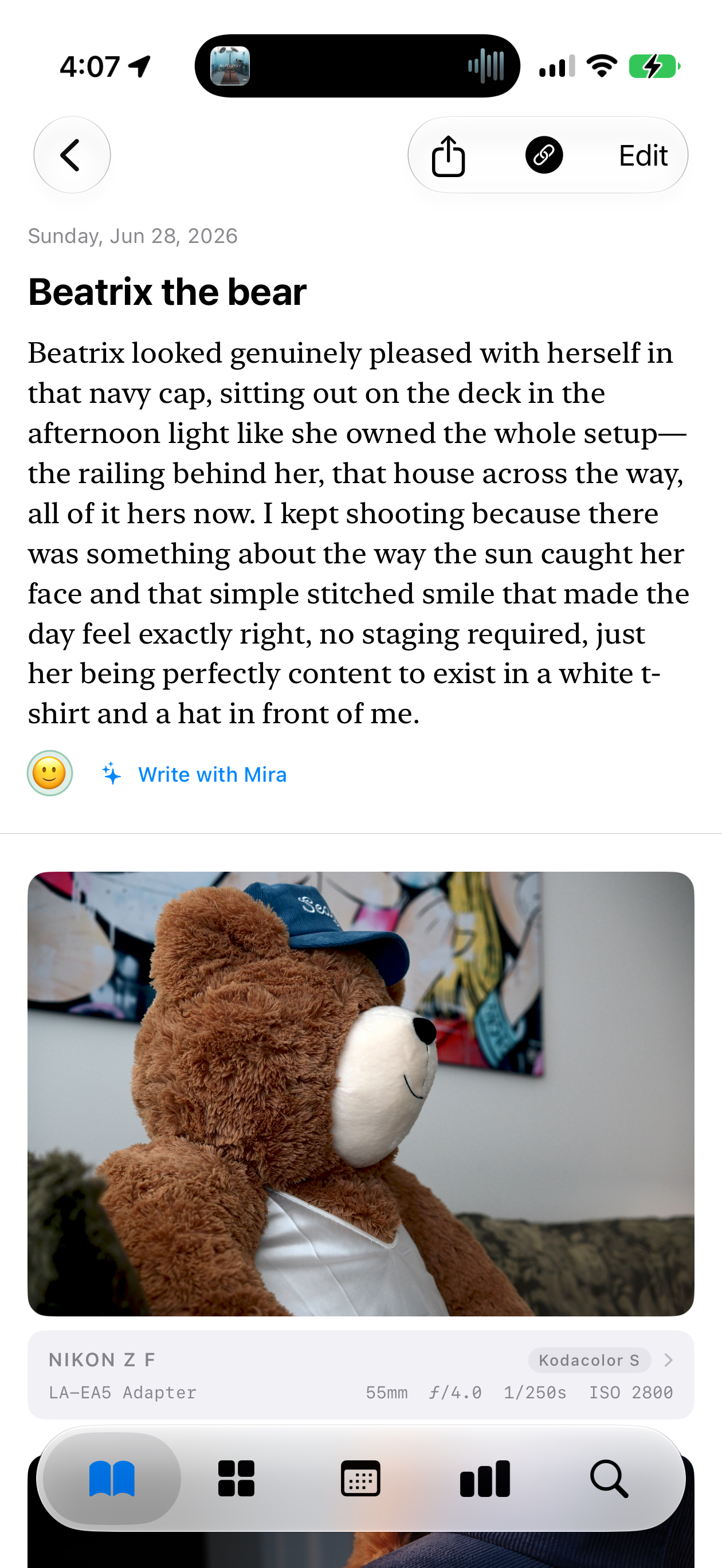 A diary entry of a teddy bear, shot on a Nikon Z f with the Kodacolor S recipe, written by Mira