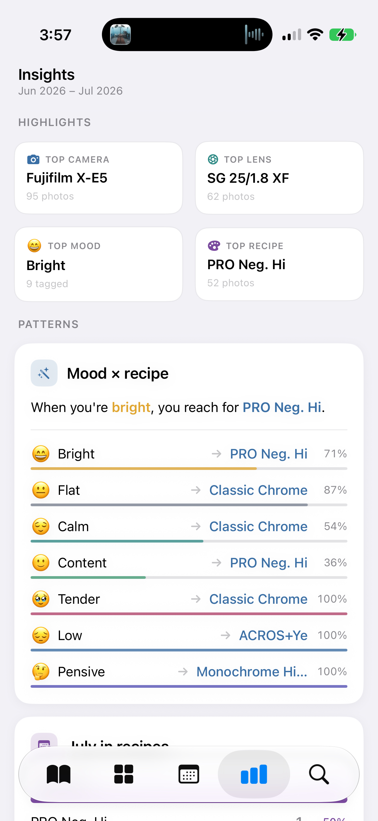 Folio's Insights tab showing top camera, top lens, top mood, top recipe, and a mood-to-recipe pattern card