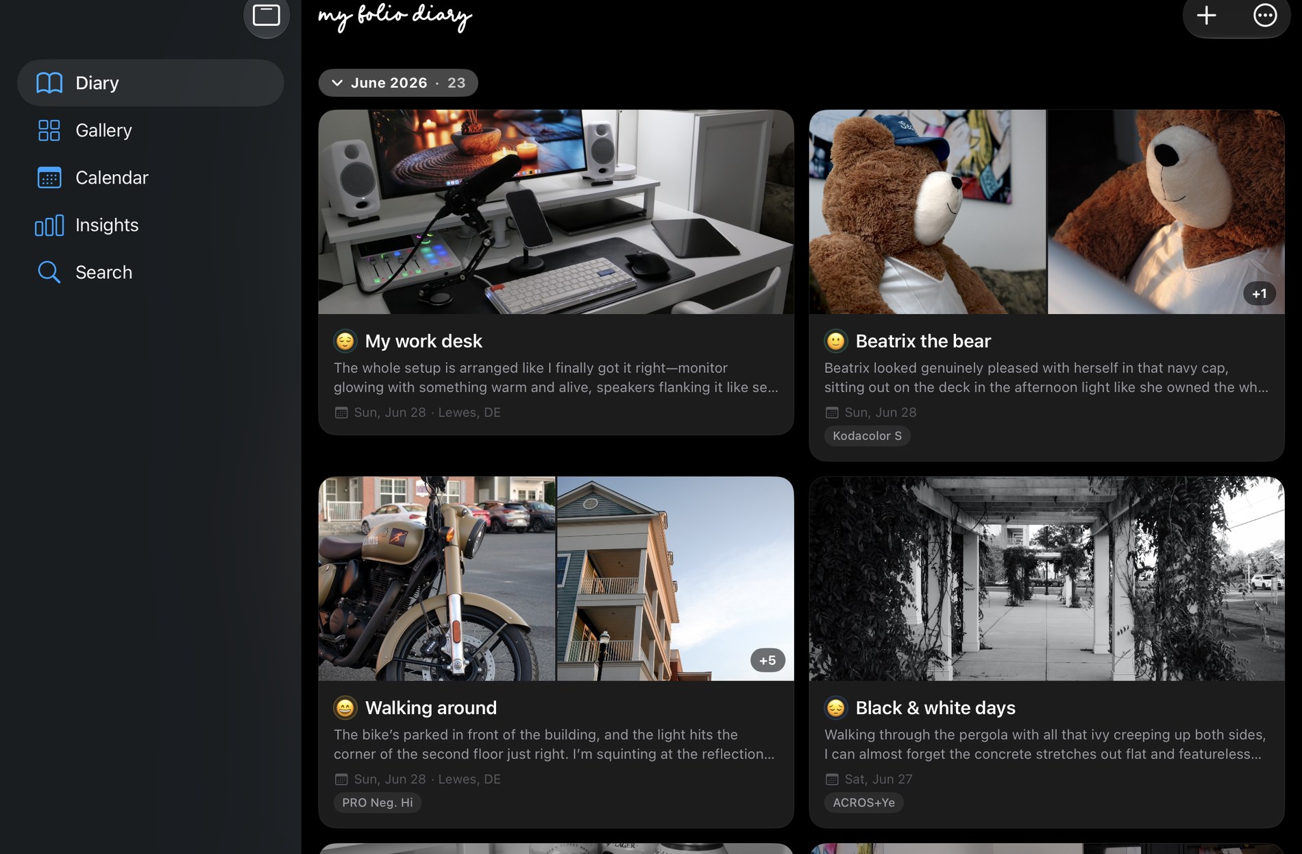 Folio running on iPad with a sidebar for Diary, Gallery, Calendar, Insights, and Search, next to a two-column grid of entries