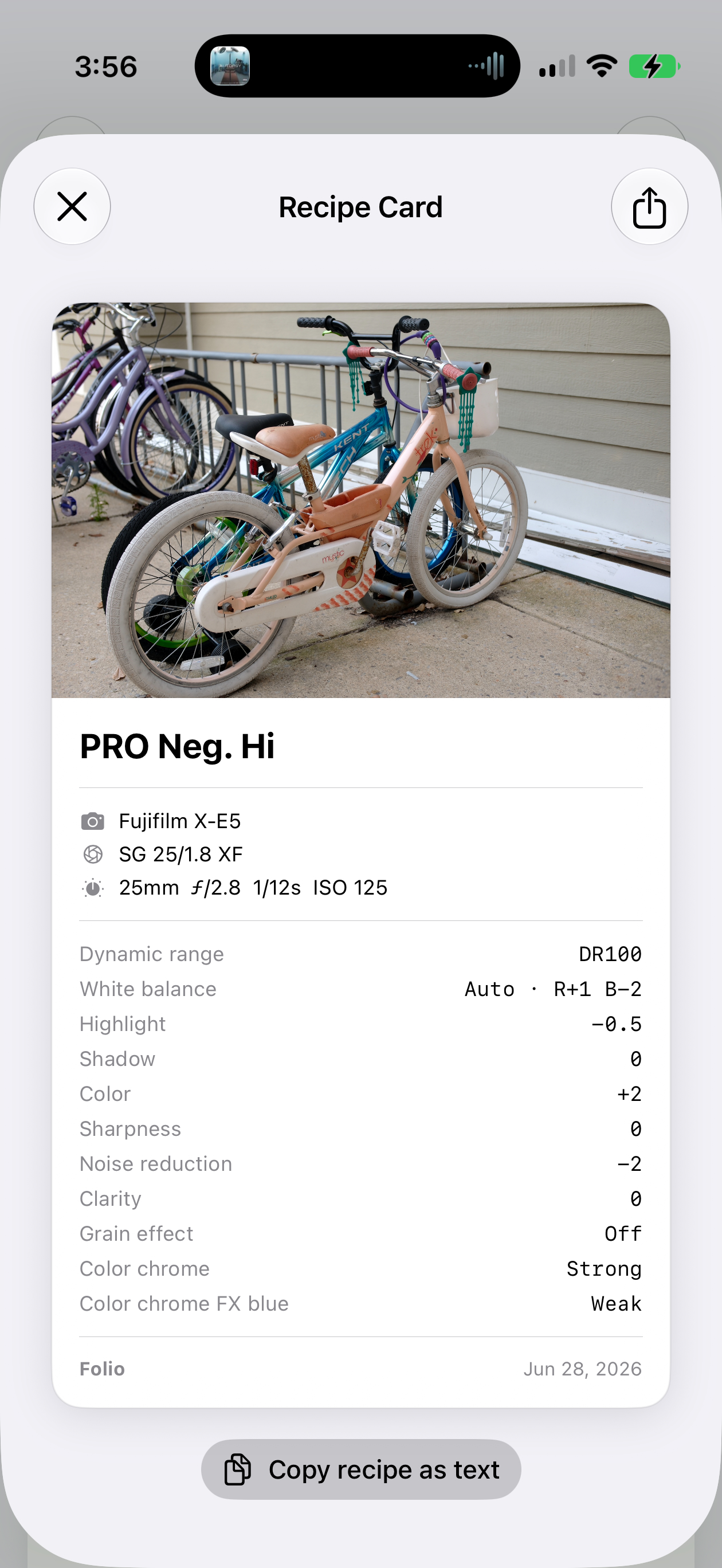 A Folio recipe card showing the full PRO Neg. Hi film simulation settings for a Fujifilm photo