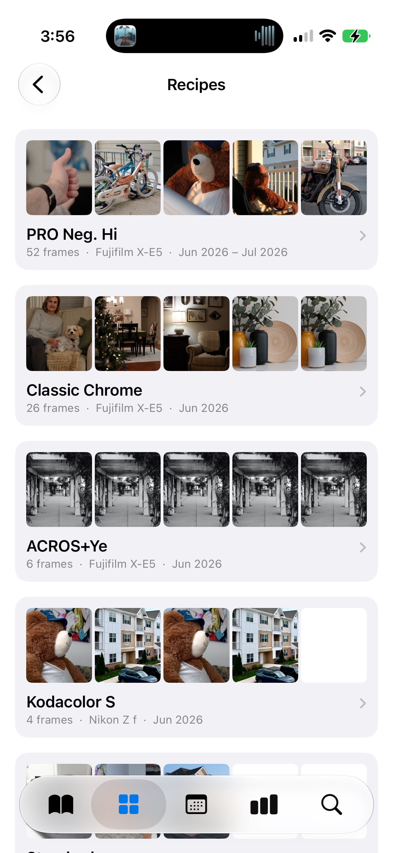 Folio's Recipes tab, with photos automatically grouped by film simulation