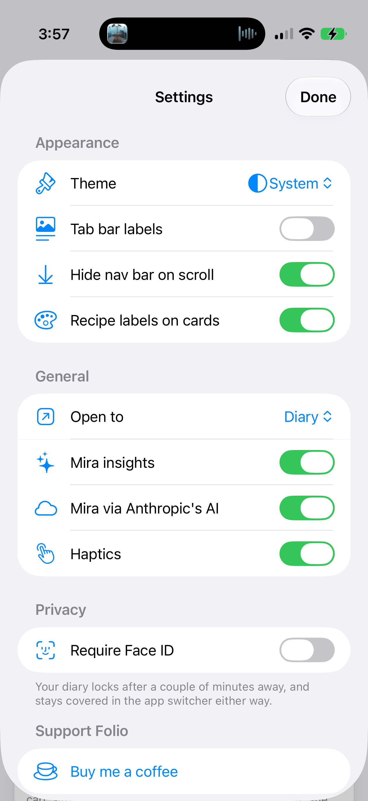 Folio's Settings screen, showing appearance options, Mira controls, Face ID privacy, and the optional Buy Me a Coffee link